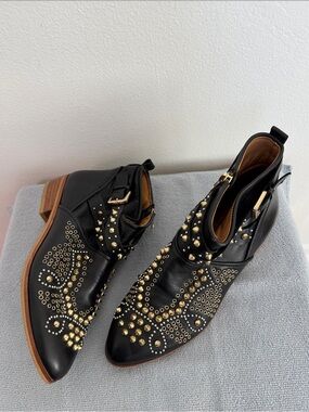 Zara Leather Studded Black Ankle Boots - circa 2010s